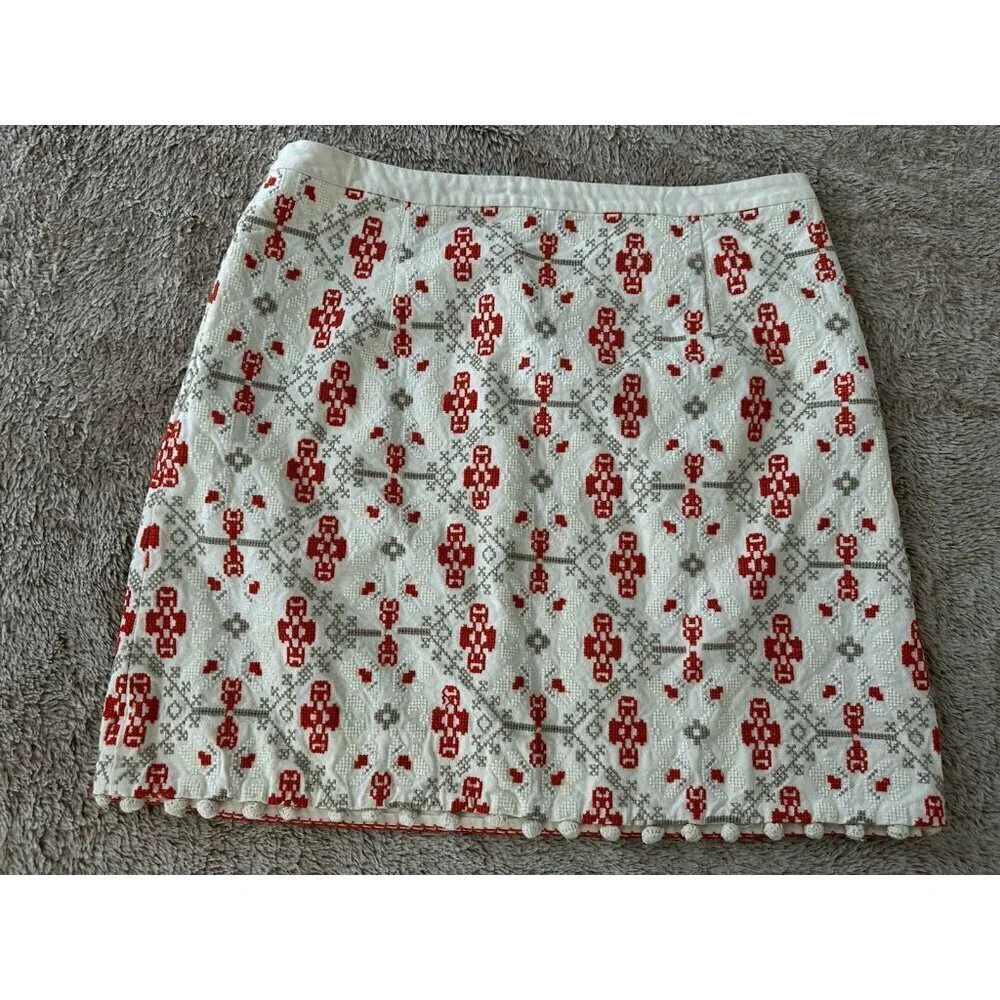 Maeve Cotton Embroidered Skirt Pompom Hem Lined Anthropologie Size 12 Cream Red